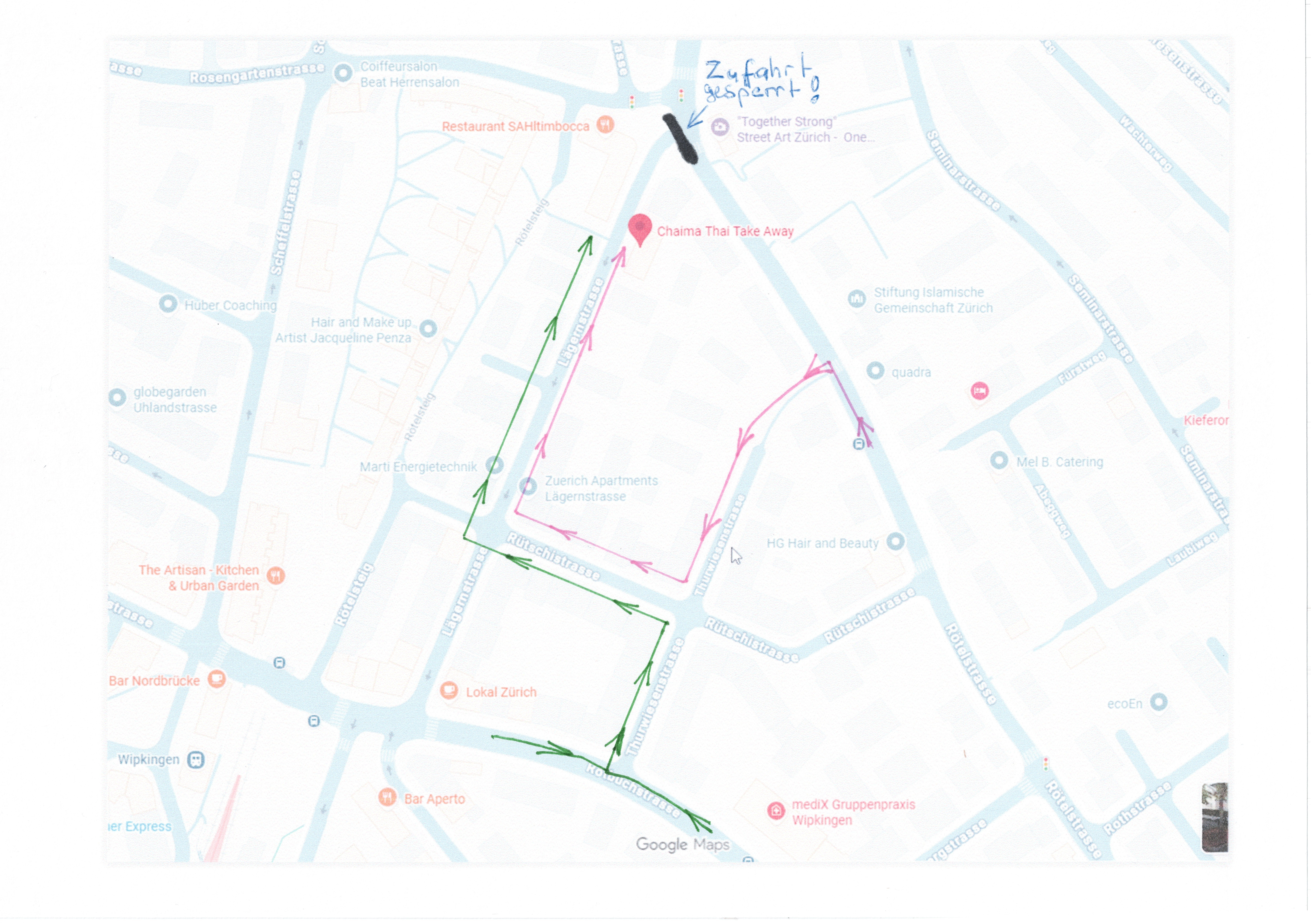Zufahrt zu Chaima Thai Take Away ab 20. April über die Rütschistrasse