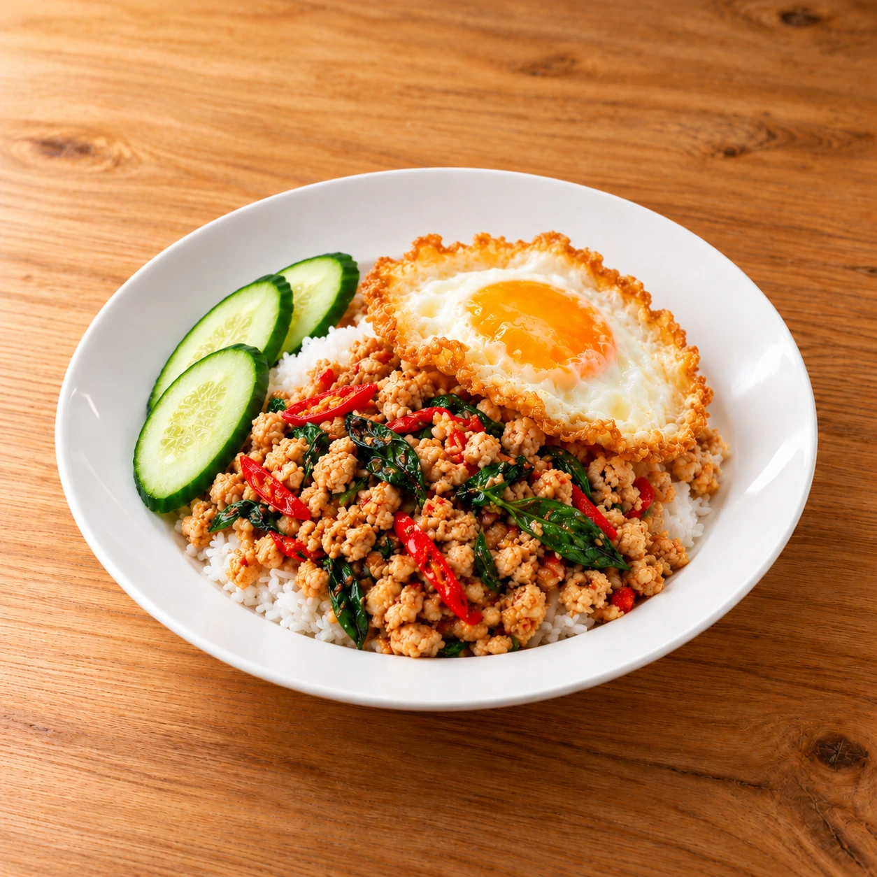 Original Pad Krapao bei Chaima auf Naturholz-Hintergrund