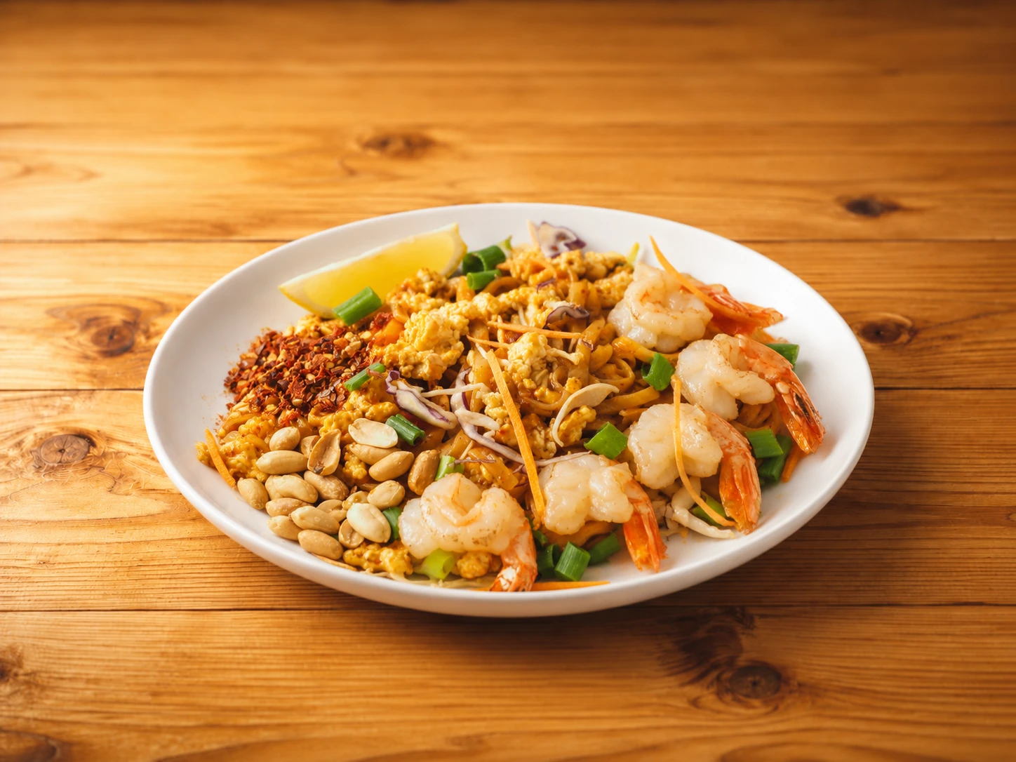 Pad Thai bei Chaima mit Crevetten, Ei und gerösteten Erdnüssen